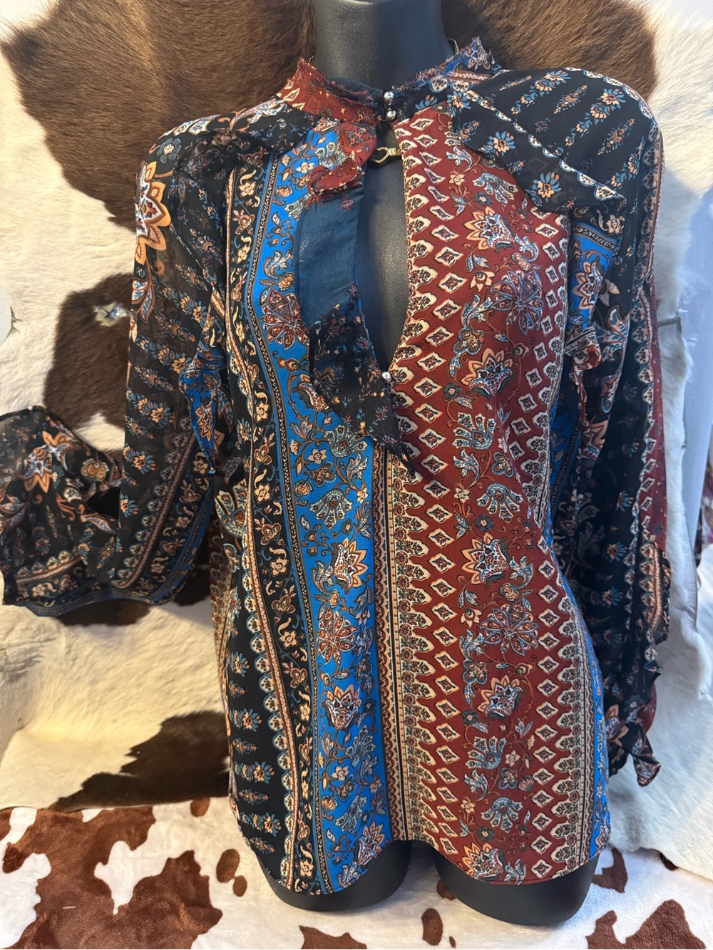 Zara Long-Sleeve Patchwork Paisley Blouse - Blue, Rust & Black